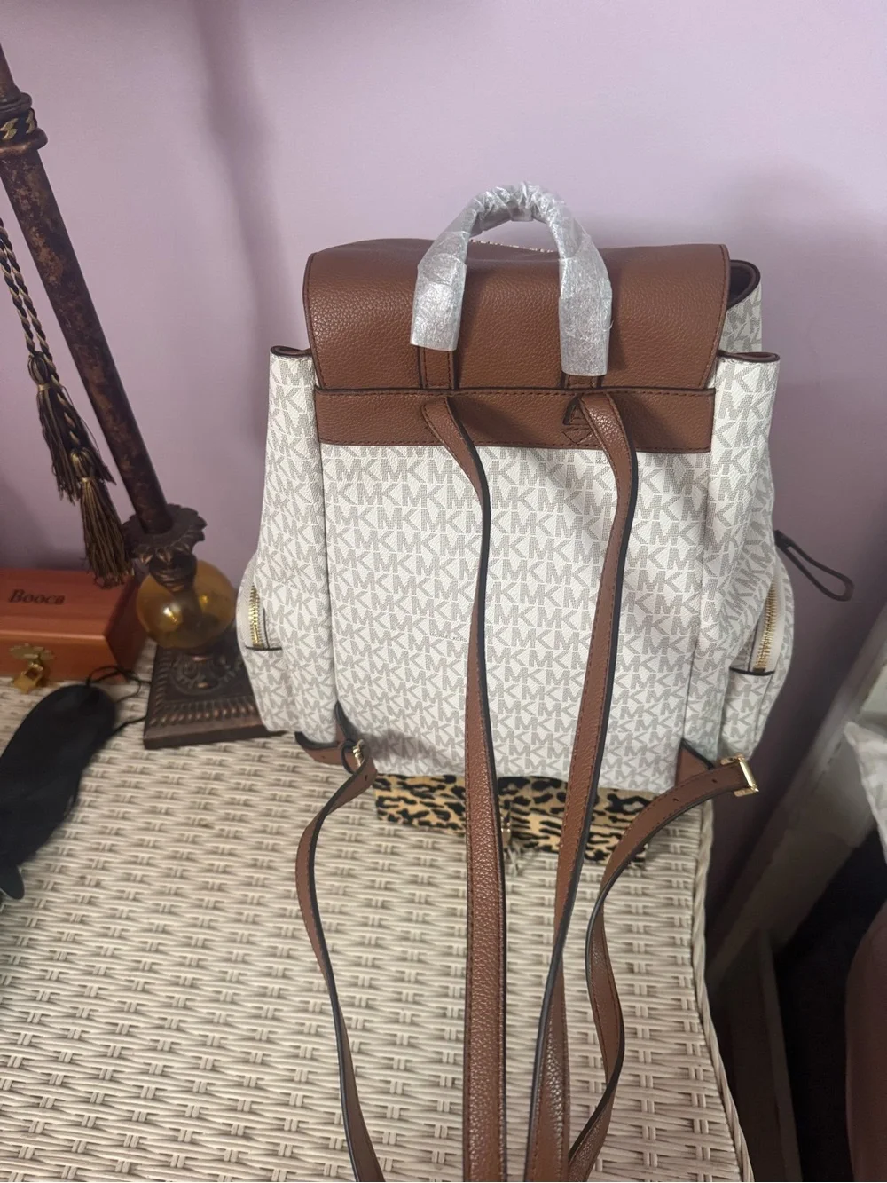 Michael Kors Cream and Brown MK Logo Backpack